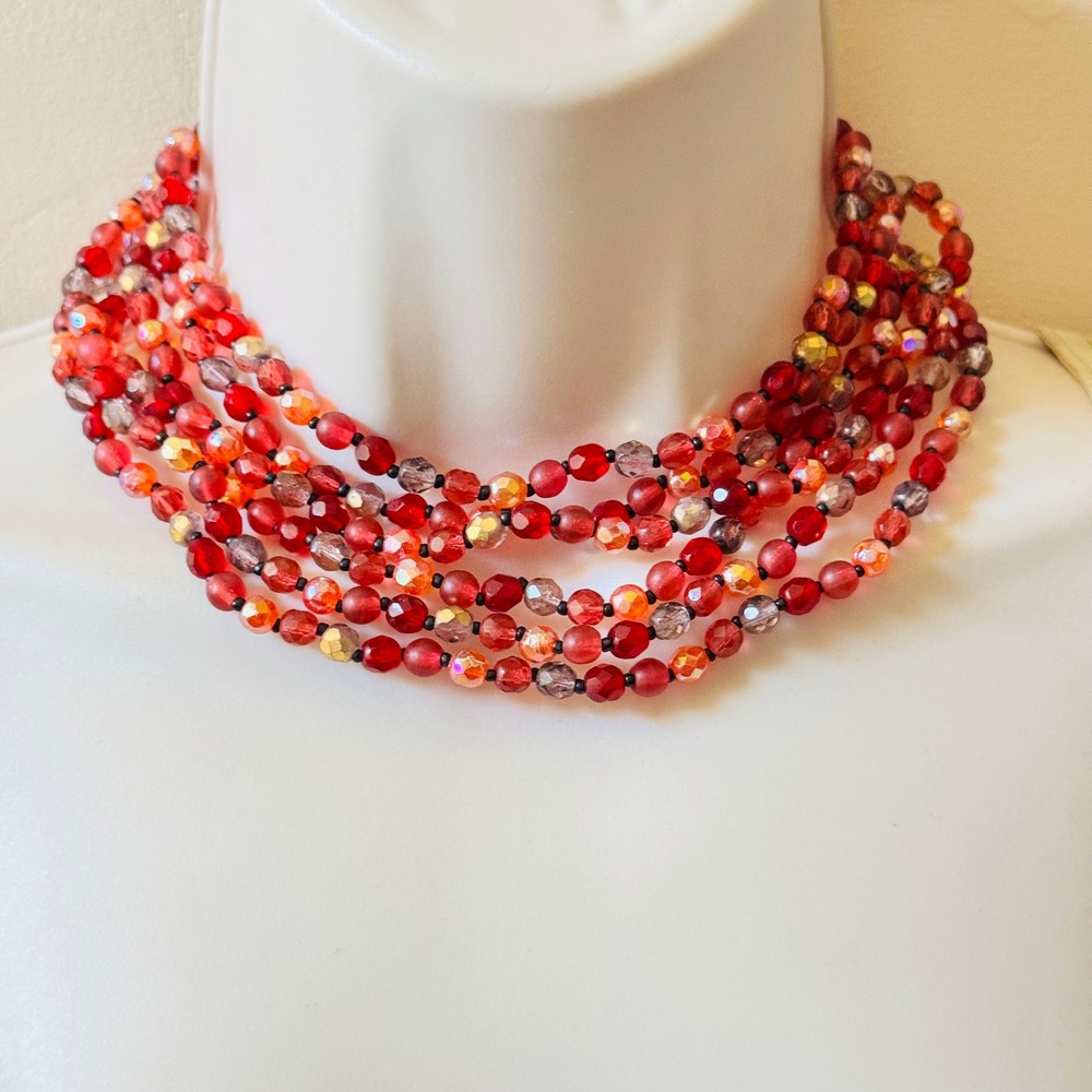 VTG Multi Beaded Red Necklace Glass Crystal 6 Rows Choker Western Germany